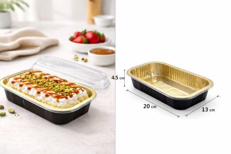 علب المنيوم حراري "علب خبيز" مستطيل مع غطاء بلاستيك شفاف حجم وسط "طول 20 سم و  عرض 13 سم" و عمق 4.5 سم